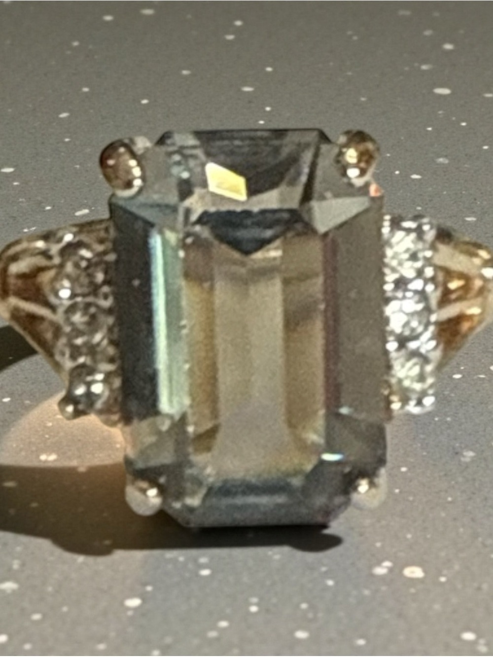 Vintage Cocktail Ring, Emerald Cut Smokey Quartz 7-3/4 signed - Picture 2 of 11